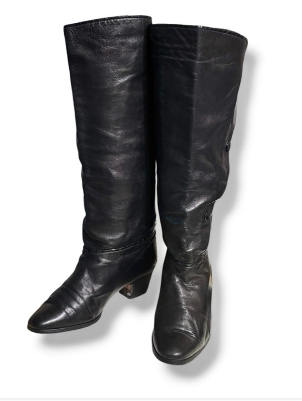 FRAGIACOMO Black Leather Slouch Calf Boots Black Snakeskin Trim Faux Snap Size 6